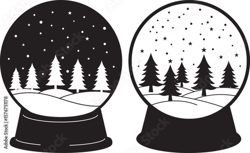 Winter forest scene inside a snow globe silhouette