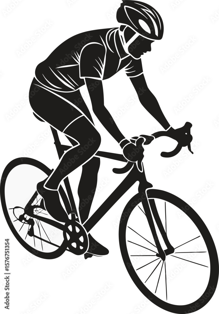Naklejka premium Silhouette vector of a cyclist riding a road bike, wearing a helmet. Great for fitness, sports, biking events, or healthy lifestyle illustrations and designs. black clipart isolated on transparent 