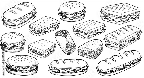Detailed black and white line art collection featuring various fast food items: burgers, subs, wraps, grilled cheese, and classic sandwiches, ideal for menus or coloring.