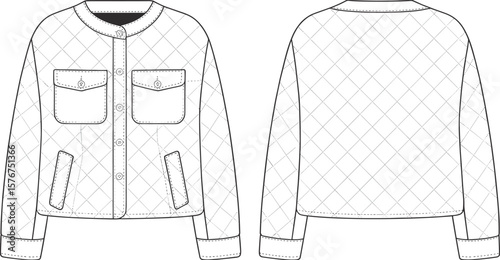 Quilted jacket fashion flat sketch, front and back technical illustration for women outerwear design with button front and pockets