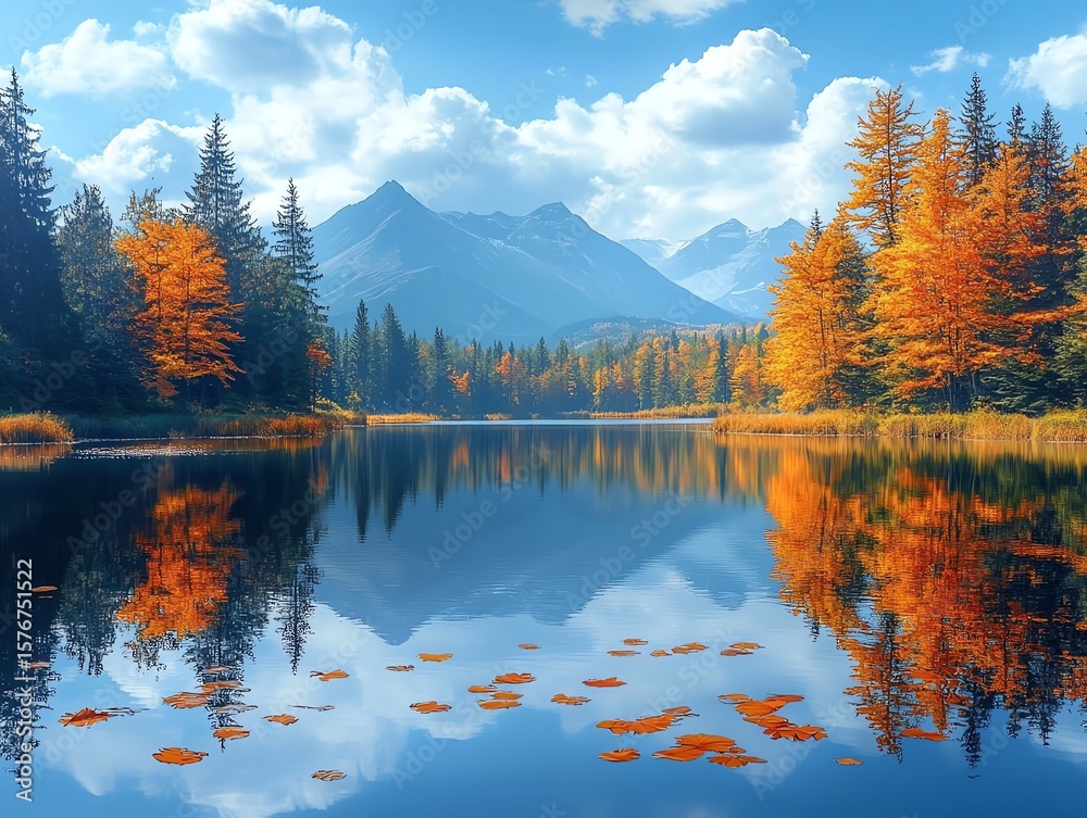 Obraz premium Serene Mountain Lake Reflecting Autumn Trees and Sky