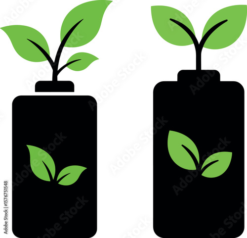 Battery with green leaves energy concept silhouette