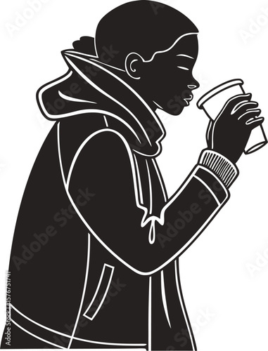 Silhouette of a person wearing a hoodie, drinking from a takeaway cup. Ideal for themes like street style, casual life, youth culture, or winter beverages. black clipart  isolated on transparent 


