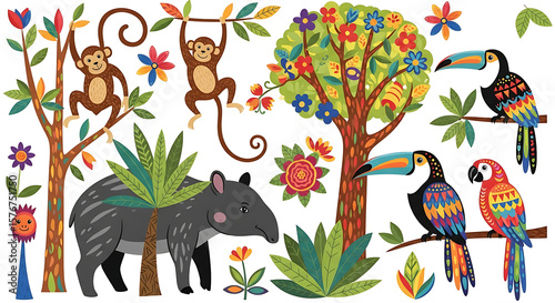 Photography Colorful Tropical Animals and Plants Illustration.