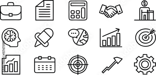 Collection of business and finance line art icons including a briefcase document calculator handshake money brain eraser globe charts targets calendar arrow and gear isolated on transparent background