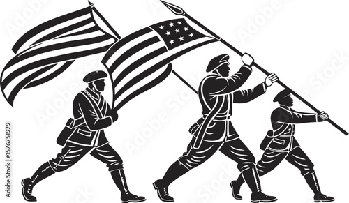 Silhouette vector of Revolutionary War soldiers marching with American flags. Patriotic historical clip art, isolated on transparent background for design use.

