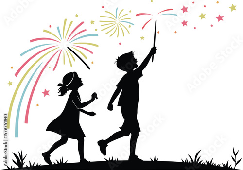 Silhouette vector of two kids celebrating with fireworks, holding sparklers under a colorful sky. Festive clip art isolated on a transparent background.