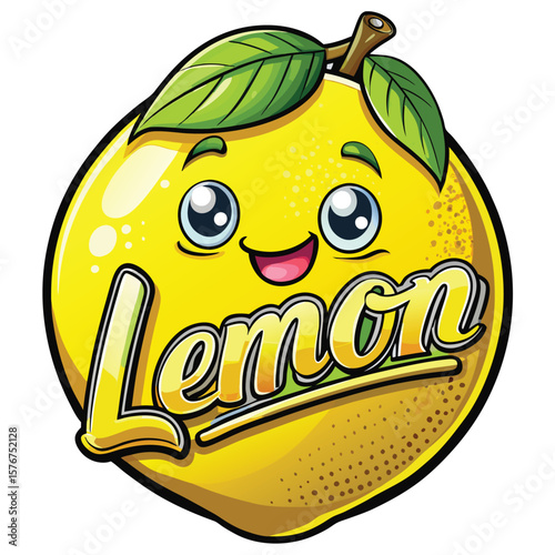 Cartoon lemon with a happy face and large lettering