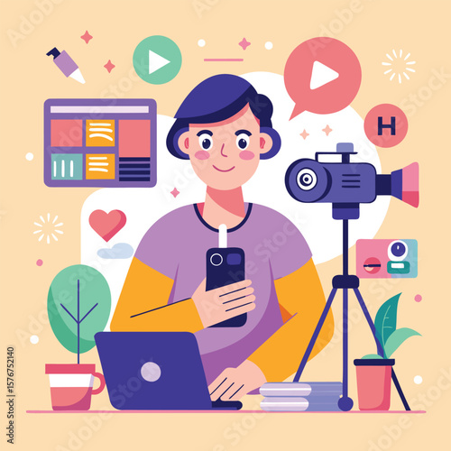 Smiling content creator ready to film a video on laptop and smartphone with studio equipment