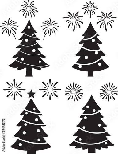 Christmas tree with stylized fireworks bursting silhouette