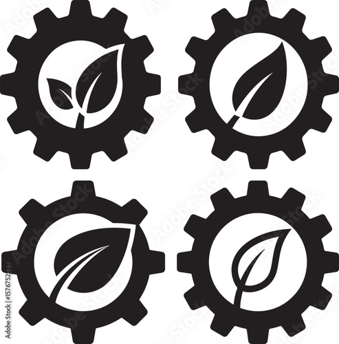 Stylized gear with leaf inside silhouette design