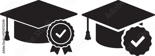 Graduation cap and academic achievement medal with checkmark silhouette
