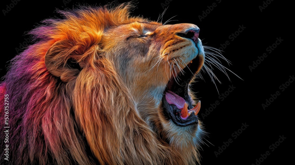 Naklejka premium Powerful Lion Roar Vibrant Colorful Mane Art