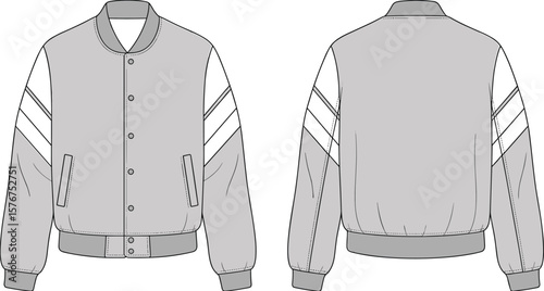 Unisex varsity bomber jacket flat sketch front and back, technical CAD drawing, ribbed collar, sleeve stripes, casual fashion vector illustration