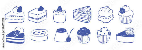 ケーキやアイスなどのスイーツを描いた手描き風線画イラストセット（お菓子 デザート ベクター）