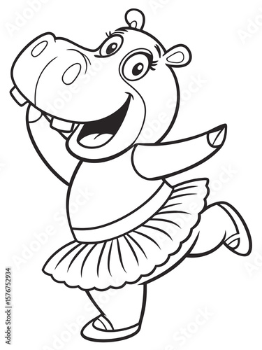 A funny cartoon hippo wearing a tutu and trying to dance. Very simple and silly black-and-white outline drawing for kids’ coloring books