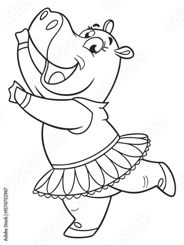 A funny cartoon hippo wearing a tutu and trying to dance. Very simple and silly black-and-white outline drawing for kids’ coloring books