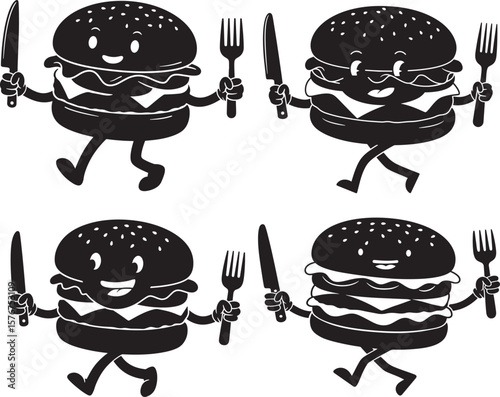 Happy cartoon hamburger character walking silhouette design