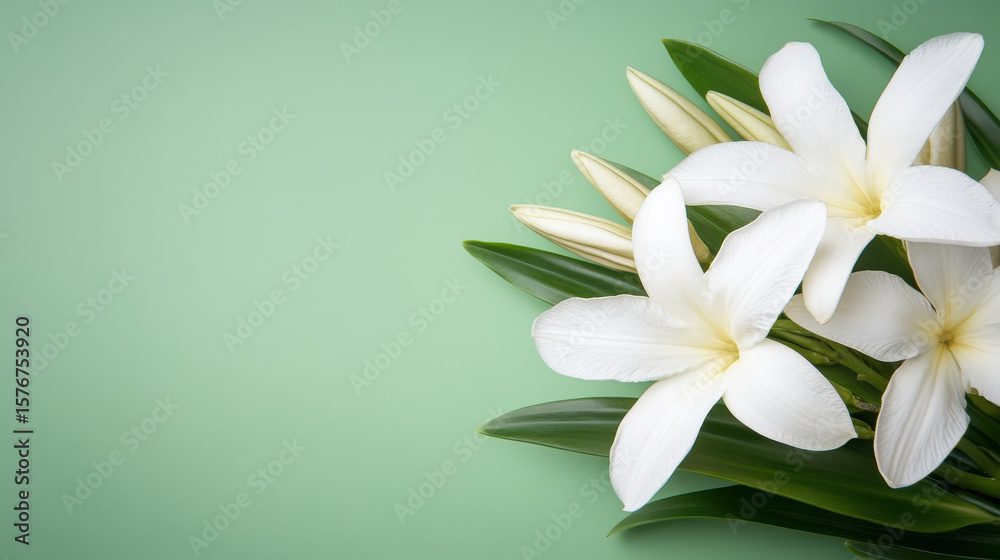 Naklejka premium White plumeria flowers with green leaves and buds on soft green background, fresh tropical blossom with delicate petals