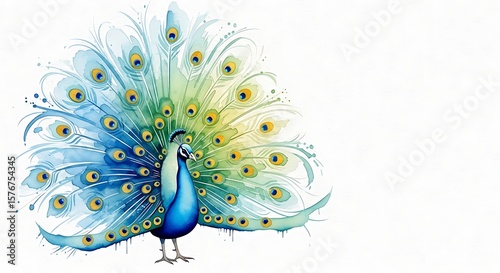 Watercolor illustration of a peacock with vibrant plumage, showcasing its colorful tail feathers.