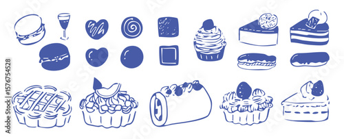 ケーキやアイスなどのスイーツを描いた手描き風線画イラストセット（お菓子 デザート ベクター）