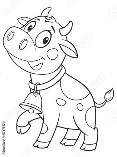 A happy cartoon cow with a bell around its neck and big friendly eyes. Line art only, very easy and fun to color for kids