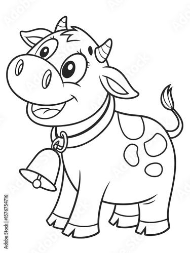 A happy cartoon cow with a bell around its neck and big friendly eyes. Line art only, very easy and fun to color for kids