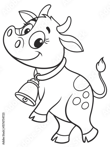 A happy cartoon cow with a bell around its neck and big friendly eyes. Line art only, very easy and fun to color for kids