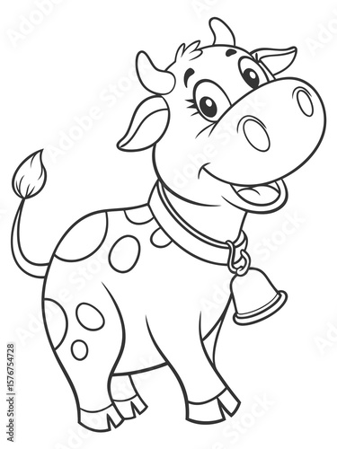 A happy cartoon cow with a bell around its neck and big friendly eyes. Line art only, very easy and fun to color for kids