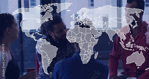 Colleagues sitting in business lounge sparking map overlay showing global reach and sharing red cup