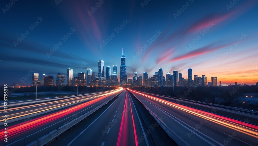 Naklejka premium Chicago Skyline Long Exposure Highway Traffic at Dusk