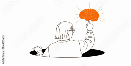 An illustration of a character in a hole, holding up a glowing lightbulb, symbolizing a great idea.