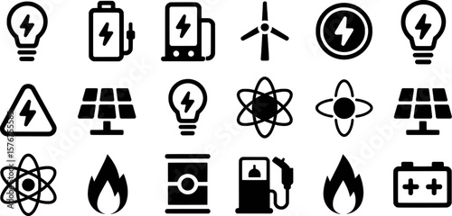 Energy source icons including lightbulbs batteries solar panels and wind turbines power