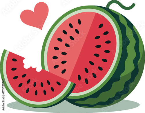 Stylized Watermelon Still Life Vector Graphic: A Modern Interpretation of Fresh Produce, Sliced Segments, and Minimalist Heart Detail on a See-Through Field