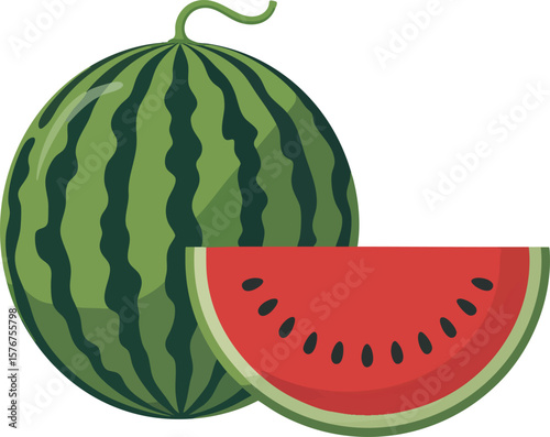 Simple Watermelon Arrangement Vector Image: A Clean Depiction of Whole Fruit and Sliced Portion on a Clear Backdrop, Perfect for Minimalist Designs