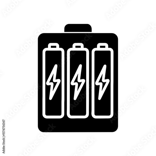 Triple Battery Pack Silhouette Icon — Three Batteries with Energy Symbol Inside Large Battery Frame