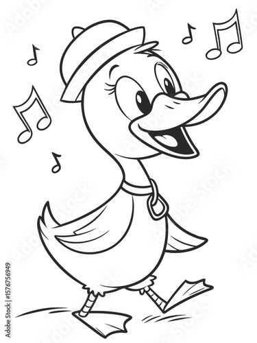 A happy cartoon duck wearing a little hat and dancing joyfully. Simple black-and-white line art, easy shapes for young children to color
