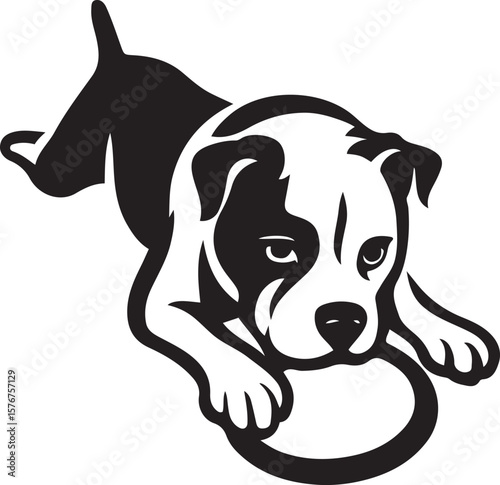 Dog lying with disc black and white style, Relaxed puppy vector illustration