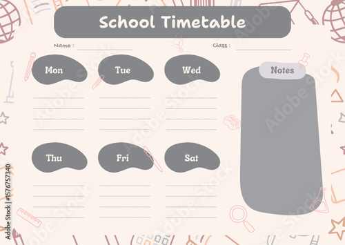 A school timetable template with minimal design and light color tones, decorated with educational doodles. Perfect for printable or digital student planners.