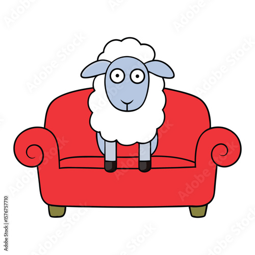 A fluffy sheep sits on a cozy sofa, legs tucked in, looking relaxed and happy, enjoying a peaceful moment in a warm, soft living room setting.
