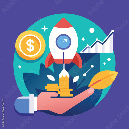 Business growth and investment concept illustrated with rocket launching, coin, and rising chart