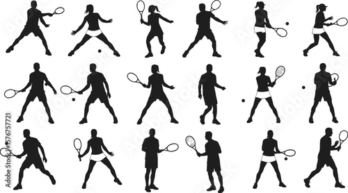 Tennis player silhouette vector collection, male and female athlete in action with racket and ball, isolated sport pose illustration set