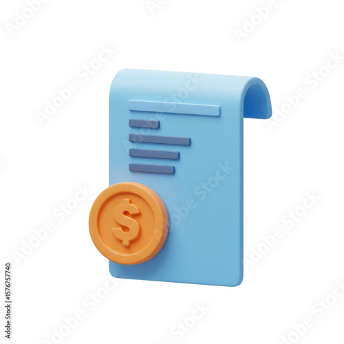 A 3D rendered illustration of a bill or invoice with a dollar coin, symbolizing payment or finance.