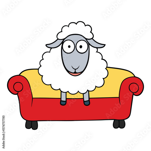 A fluffy sheep sits on a cozy sofa, legs tucked in, looking relaxed and happy, enjoying a peaceful moment in a warm, soft living room setting.

