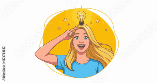 An illustration of a happy, excited woman with a glowing lightbulb over her head, symbolizing a great idea.