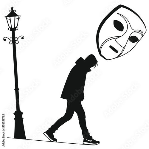 Silhouette of Person Walking Past a Lamppost with an Oversized Mask