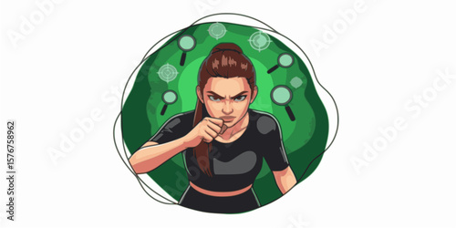 An illustration of an angry woman with clenched fists, showing frustration or determination.