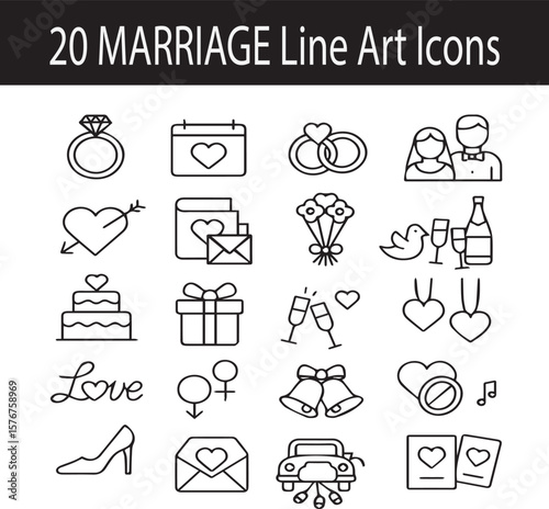 Marriage and Wedding Line Art Icons Set, Editable Stroke Vector Collection