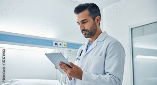 A doctor using a digital tablet in a hospital room.