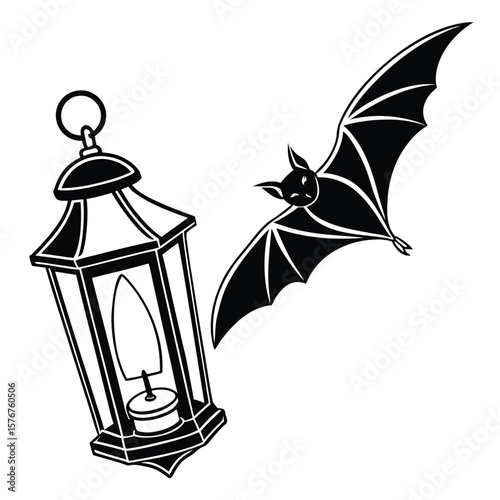 Gothic Lantern and Bat: Halloween Clipart, Dark Fantasy Illustration, Vector Graphics, Spooky Night Design